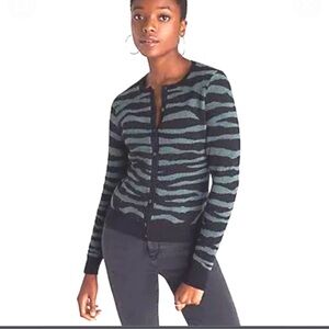 ANN TAYLOR Zebra Jacquard Knit Button Front Ann Cardigan Sweater Green Black XS